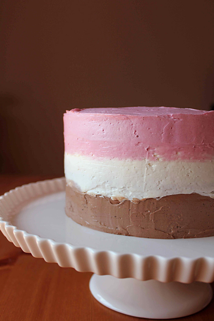 chocolate devil's food cake with neapolitan frosting